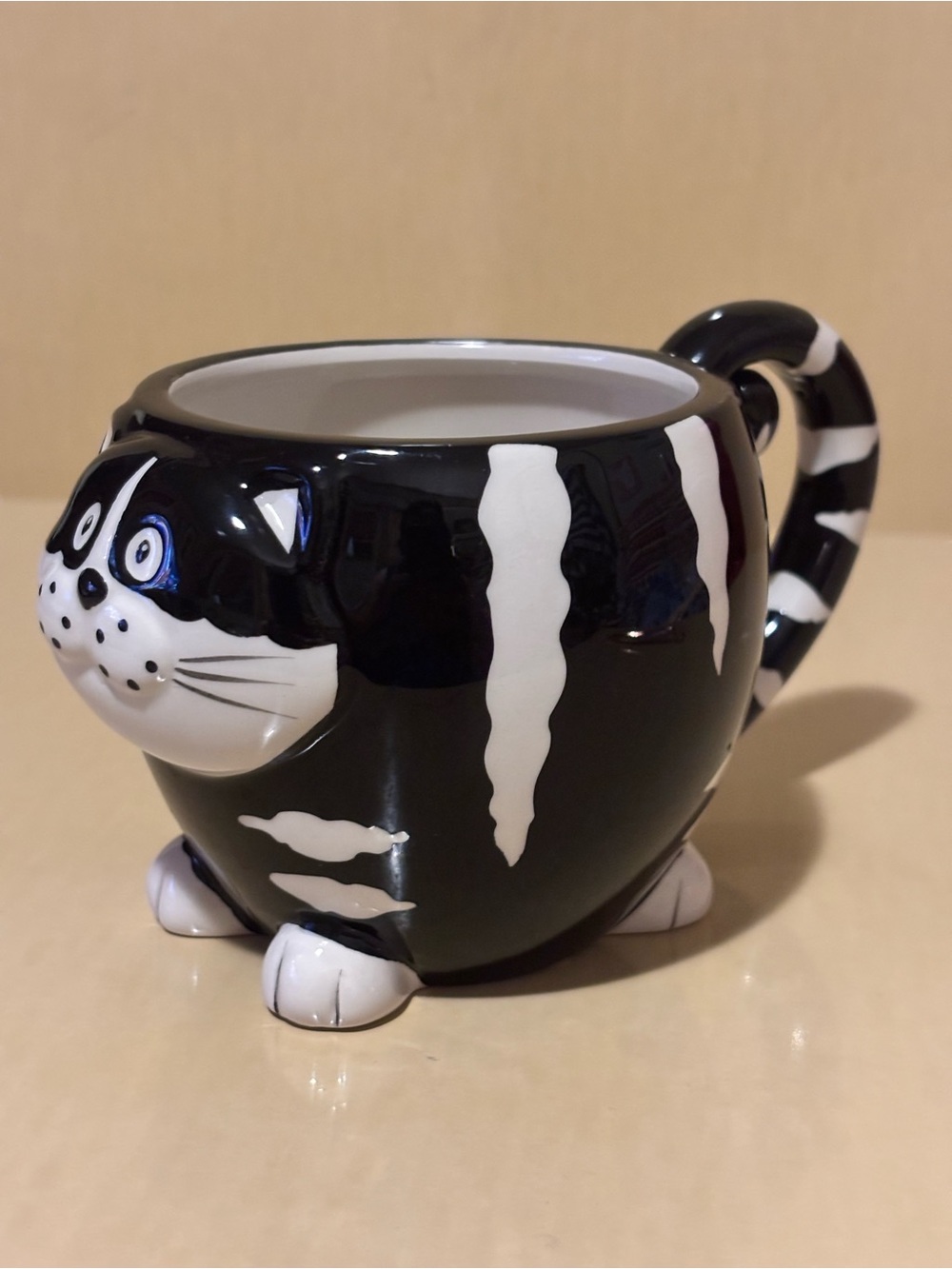 Pier 1 Imports Black & White Striped Chubby Cat Mug. Ceramic